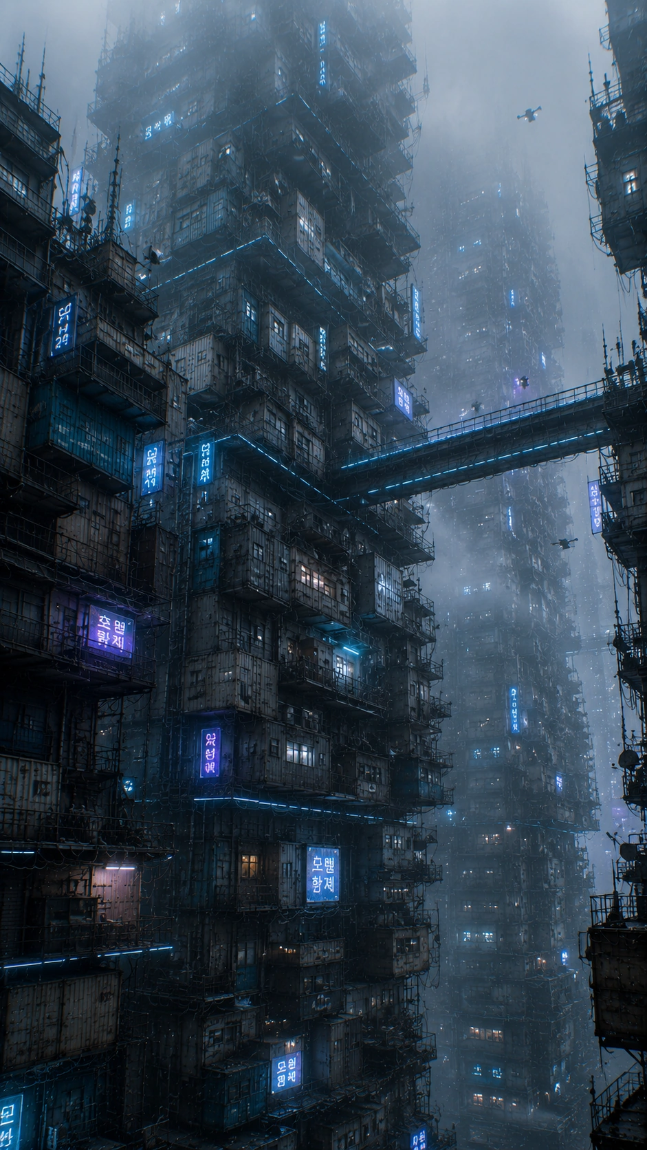 Blue-toned vertical city environment