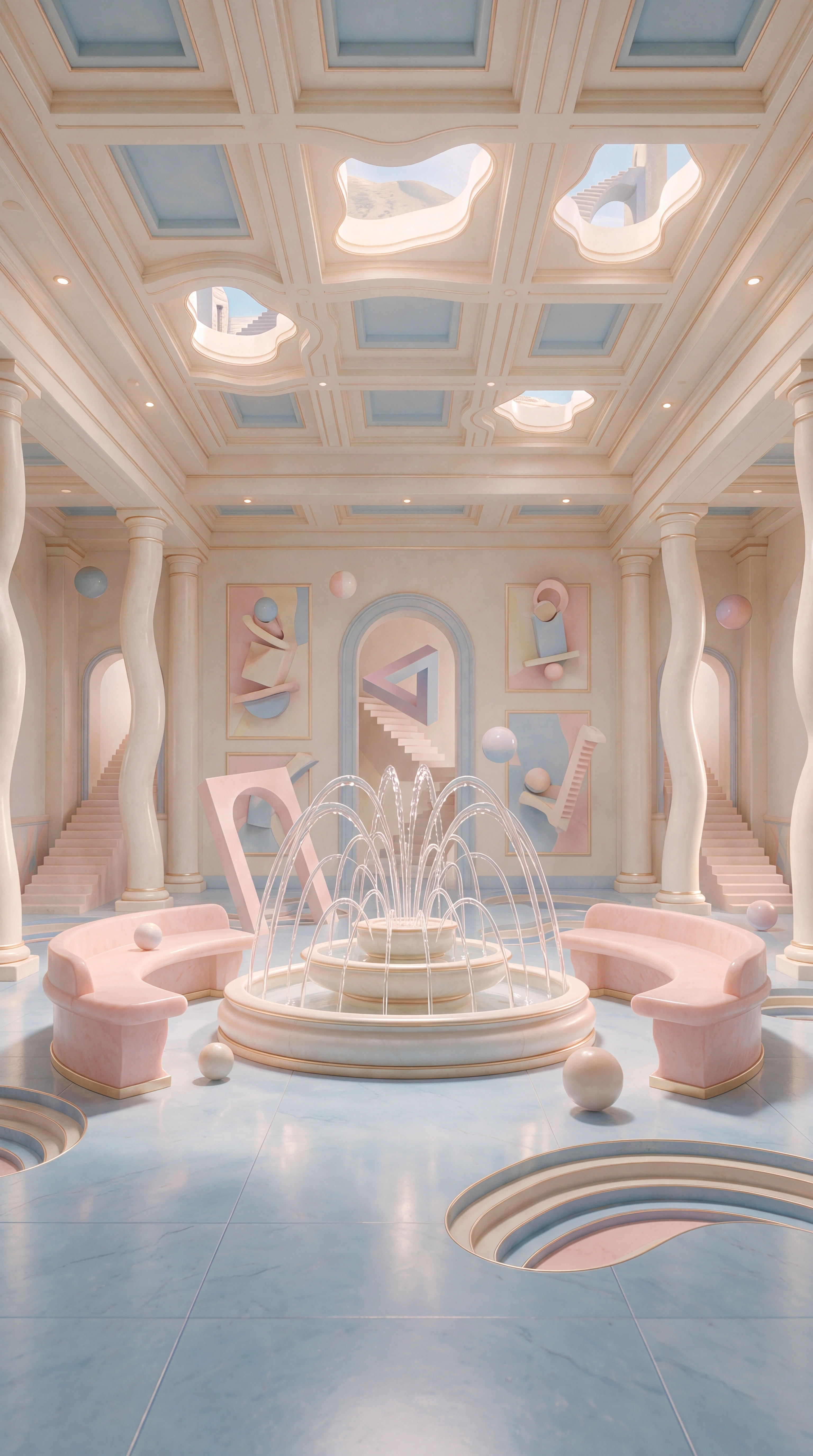 Pastel afterlife lobby with central fountain