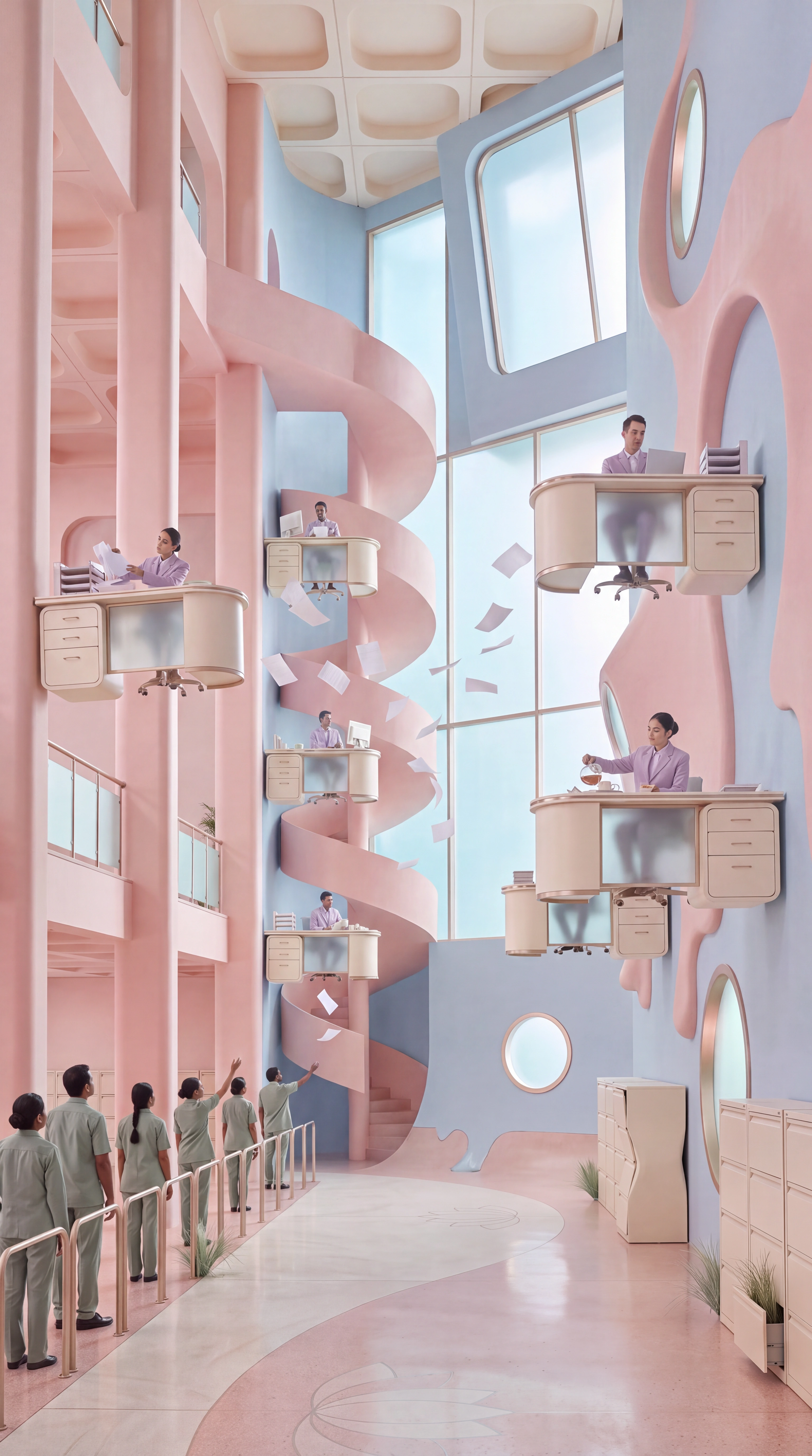 Pink and blue multi-level office interior